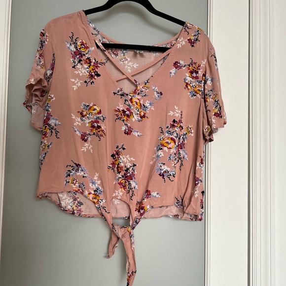 Pink floral print front tie crop top, Loose Ruffle Sleeves - XL - Picture 4 of 6